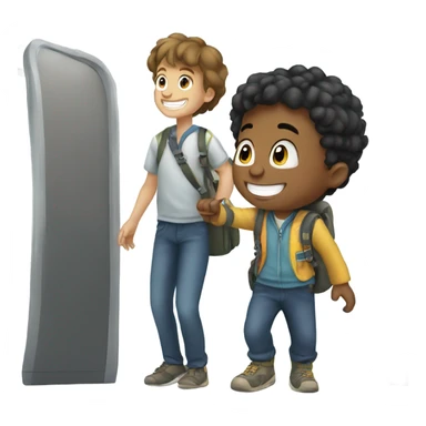 smiling boy getting on a plane sticker