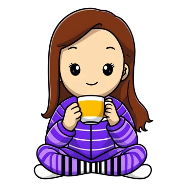 girl with long brown hair sipping coffee in purple striped pajamas sticker