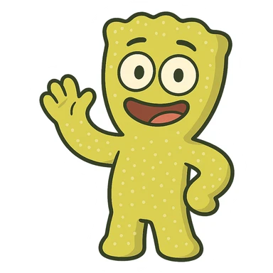 a sour patch kid character waving, cartoon style, bright colors, cheerful sticker