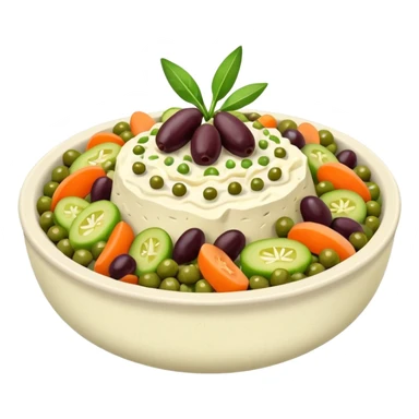 Salată de boeuf: a Romanian festive salad made with finely chopped boiled vegetables, pickles, peas, and beef or chicken, all mixed with mayonnaise and decorated with olives and pickles. sticker
