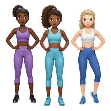 three women friends exercising together, one black woman with curly brown hair, one pale white woman with curly brown hair, and one white woman with straight brown hair in a ponytail positioned on the right sticker