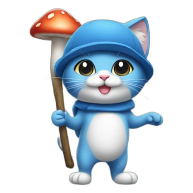  Cute Blue Cat NO ears wearing a mushroom cap carrying a stick in one arm standing on two legs no fur sticker