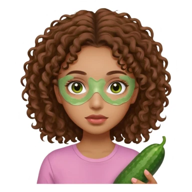 lightskin girl having a spa day with green skincare clay mask and ,cucumbers on her eyeballs  and brown curly hair and a pink shirt not holding it in her hand sticker