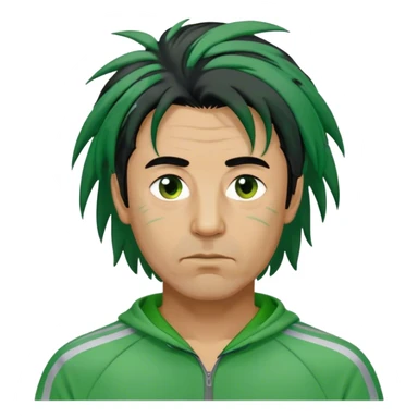 Park is a middle-aged man, around 35 years old, green tracksuit,  His black hair, streaked with strands of gray, is unkempt and damp with sweat. sticker