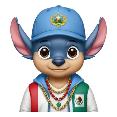 Crea un emogi de stich estilo reguetonero con una gorra con el nombre de Liam y la bandera de México en el pecho y lucho Blin blin sticker