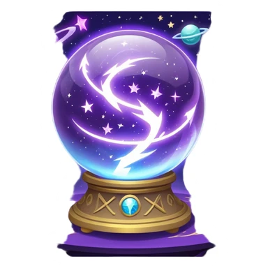 A mystical, glowing crystal ball with swirling sparkles and lightning bolts inside, surrounded by zodiac signs and planets floating in space, with tarot cards spread out on the table around the ball. Use bright purples, blues, and golds to create a magical, mysterious vibe. transparent background.  sticker