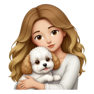 A beautiful olive skinned girl with long flowy brown hair and blonde highlights, hugging a white bichon frise sticker