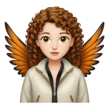 nude woman short curly brown mullet brown eyes white skin beetle wing jacket open front sticker