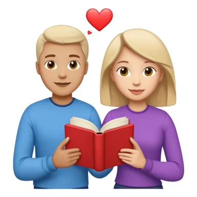 A man and a woman facing each other, both holding a single book together. From the book, colorful heart emojis are popping out playfully, creating a cheerful and romantic atmosphere sticker