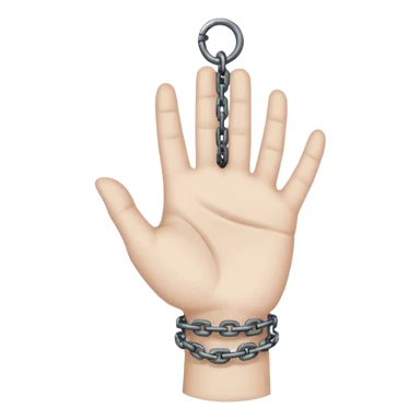 Minimalist emoji-style sticker of a human hand bound by a chain leading to a video camera. Icon-like, clean silhouette, muted tones. sticker