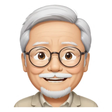 _cinematic-realistic-portrait-of-hayao-miyazaki,-depicted-with--large-rectangular-glasses,-his-happy-expression-rendered-in-lifelike-detail,-illuminated-with-soft,-realistic-lighting-that-emphasizes-his-creative-genius, his eyes shut  closed because of his large smile. eyes are shut sticker