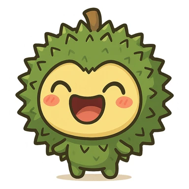 chibi style round durian character, green spiky shell, yellow flesh, laughing, eyes closed, mouth wide open, kawaii style, full-body sticker