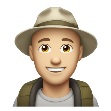 smiling white young bald man outdoors with hat sticker