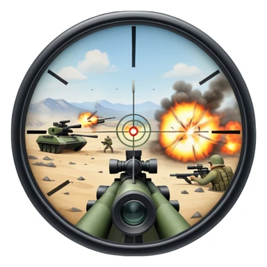 An icon symbolizing first-person shooter games. The design features a circular sniper scope view with crosshairs aimed at a distant target. The background shows a battlefield with soldiers and explosions, capturing the action-packed intensity of FPS games. Transparent background. sticker