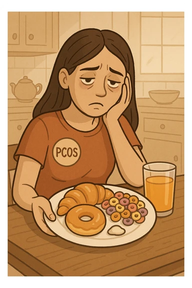 Donna con pcos, con colazione sbilanciata ricca di zuccheri e con poche proteine sticker