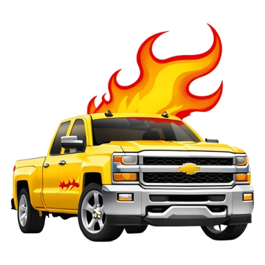 Yellow Chevrolet Silverado with custom red flame artwork specifically on the front bumper, hood remains plain yellow, authentic Kill Bill truck design, 30-degree angle, iOS emoji style sticker