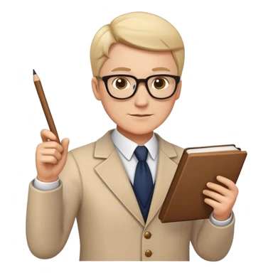 white teacher holding book with a pointing stick on the other hand pointing in iphone emoji style sticker