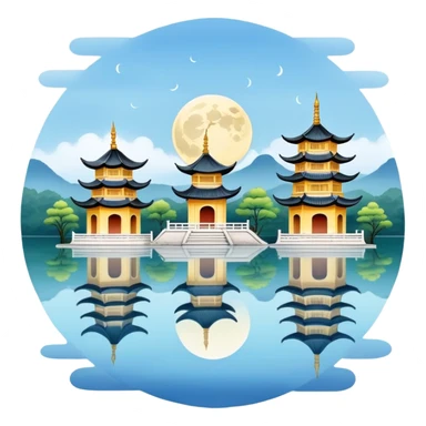 Three Pools Mirroring the Moon, West Lake Hangzhou, simplified emoji style, three small pagodas on water with moon reflection, cute cartoon style sticker