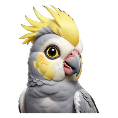 Cinematic Cute Cockatiel Portrait Emoji, Head tilted playfully and inquisitively, featuring a smooth grey fur with bright yellow accents and a perky crest, round, sparkling dark eyes filled with curiosity, Simplified yet irresistibly adorable features, highly detailed, glowing with a warm, friendly glow, high shine, affectionate and lively, stylized with a touch of whimsy, bright and endearing, soft glowing outline, capturing the essence of a mischievous yet loving cockatiel, so playful it feels like it could chirp out of the screen and into your arms! sticker