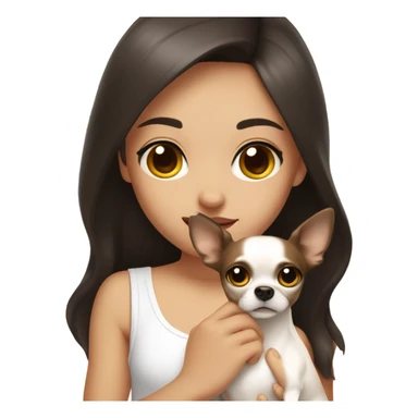 A girl with long very dark brown hair, big brown eyes, very big lips wearing a white singlet top, she is holding a small very  chihuahua that is only one colour light yellow sticker