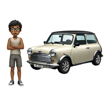 slender indian boy with glasses on shorts standing next to an old white mini cooper sticker
