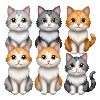 6 realistic looking cats with different natural coloured coats, assorted grey and white, greys, calico colours etc
 sticker