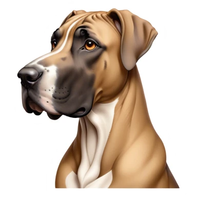 Cinematic Noble Fawn Great Dane Portrait Emoji, Poised and regal, with a towering, muscular build and a sleek, well-groomed solid fawn Fur accented by subtle dark markings, deep-set soulful amber eyes, Simplified yet sharp and sophisticated features, highly detailed, glowing with a soft, dignified glow, high shine, intelligent and gentle, stylized with an air of majesty, focused and attentive, soft glowing outline, capturing the essence of a watchful and confident guardian, so majestic it feels as though it could stride out of the screen with effortless authority! sticker