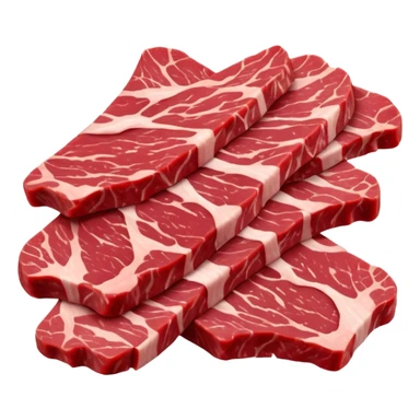 cluster of thin raw beef strips, deep red, visible muscle grain, slightly glossy, irregular but clean shapes, some marbling or edge fat, soft lighting, subtle shadows, no plate or pan, no faces, transparent background, emoji scale sticker