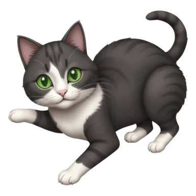 beautiful female solid dark grey cat with green eyes, white toes/paws and white patch on her chest playfully rolling upside down sticker
