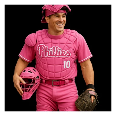 Add realistic catcher's gear to J.T. Realmuto wearing the all pink baseball uniform, maintaining the Mother's Day theme with realistic details. Keep the look consistent with the original image. sticker