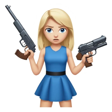 Beautiful  blue eye blonde Long Hair Gangsta girl in a short sexy  Dress Looks angry  with a big gun sticker