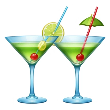 Create an emoji of two cocktails cheers action, one glass of green and yellow color and one glass of blue and red, without any fruit sticker