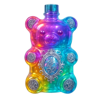 modernus prabangus eliksyro buteliukas, guminuko meškiuko forma, ryški permatoma spalva, holografiniai ir sidabriniai ornamentai, stiprūs magiški švytėjimai ir efektai, labai mažas kaklelis, skaidrus fonas, vientisas dugnas, be šešėlio, plūduriuoja ore, kolekcijos stilius sticker