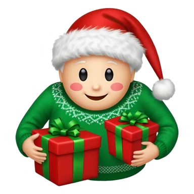 A red ornament with a happy face with a green Christmas sweater with fluff at the top and bottom holding a red and green present sticker