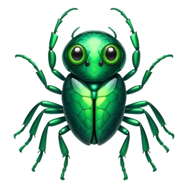 Cinematic Cute Green Bugdie Portrait Emoji, Head tilted playfully and inquisitively, featuring a glossy, vibrant emerald exoskeleton with intricate patterns, round, sparkling multifaceted eyes filled with curiosity, Simplified yet irresistibly adorable features, highly detailed, glowing with a warm, friendly glow, high shine, affectionate and lively, stylized with a touch of whimsy, bright and endearing, soft glowing outline, capturing the essence of a mischievous yet charming bug, so playful it feels like it could buzz out of the screen and into your arms! sticker