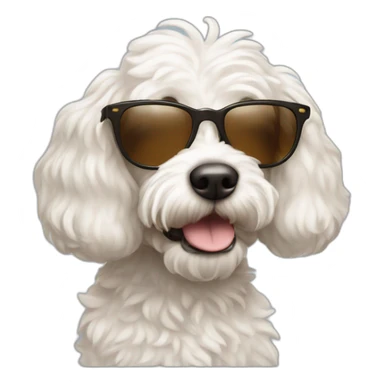 White cockapoo wearing sunglasses brown nose sticker