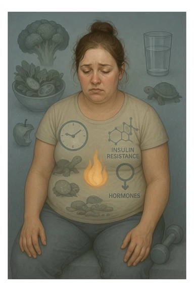Donna tra i 25 e i 35 anni con fisico leggermente gonfio e postura affaticata, seduta con sguardo stanco. In trasparenza sul suo corpo, si vedono elementi simbolici: una fiamma metabolica molto piccola nel centro dell’addome, una tartaruga accanto a un simbolo di orologio rallentato, indicatori visivi di insulino-resistenza e squilibri ormonali. Intorno a lei: cibo sano non digerito bene, attività fisica poco efficace. Colori spenti attorno al corpo, con toni freddi e lentezza visiva. Stile realistico con elementi infografici e simbolici integrati sticker