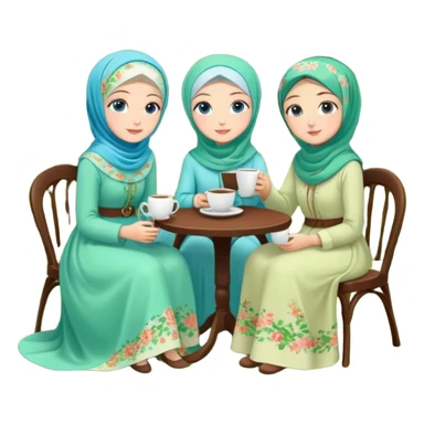 Turkish beautiful finish Konya girls blue eyes with Beautiful light green floral hijab long tail dress and the two friends in a lovely garden sits on the chair on the ground and holds cup coffe with her hand  sticker