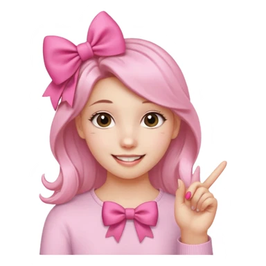 Chica sonriendo con un lazo rosa en la cabeza y mordiendose la punta del dedo indice con delicadeza y la otra mano que no salga sticker