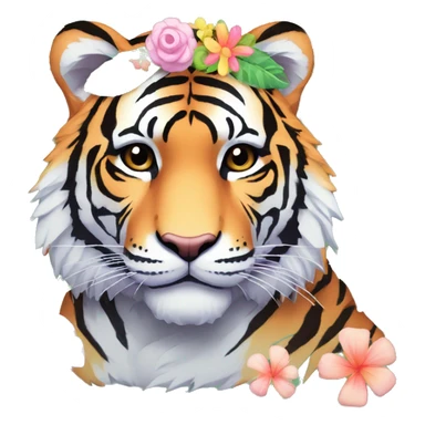 Pixel art of a pastel tiger wearing tropical flowers and leaves, flower crown, floral  sticker