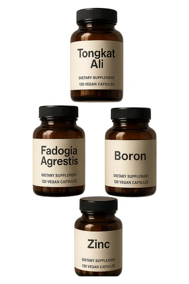 4 boccette di integratore: Tongkat Ali, Fadogia Agrestis, Boron e Zinco fluttuano in aria verticalmente sticker