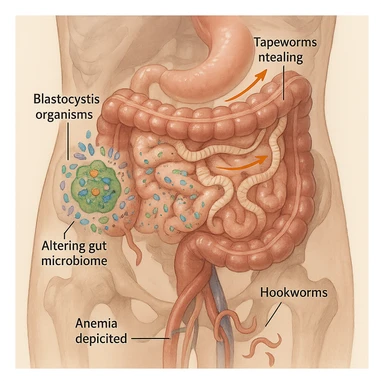 realistic or semi-realistic transparent human abdomen showing tapeworms stealing nutrients with nutrient flow toward worms, blastocystis altering the microbiome with disrupted bacteria, and hookworms near blood vessels causing anemia with fewer red blood cells, medical illustration, neutral background sticker