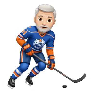 Handsome, muscular white man with gray hair and goatee, playing hockey and wearing an Oilers jersey sticker