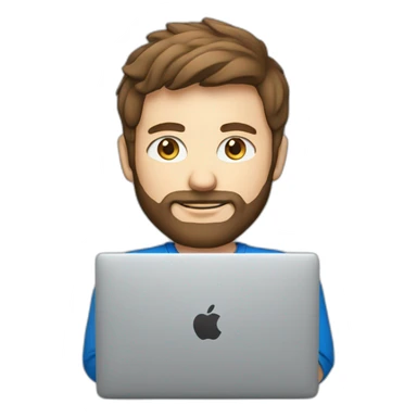 man with brown hair and blue eyes, a fine beard, wearing a f1-shirt working with a macbook sticker