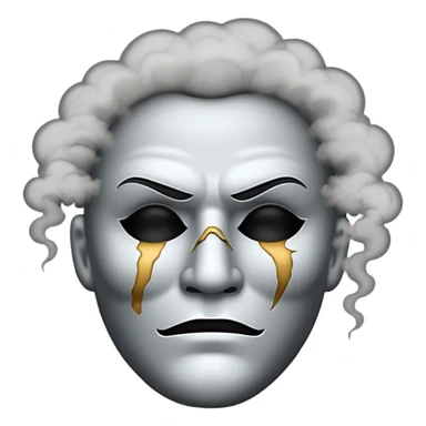 Minimalist emoji-style sticker of a cracked actor’s mask with empty eyes and faint smoke rising, grayscale with dusty shadows sticker