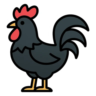 black rooster, prominent feathers, graphic style, bold and striking sticker