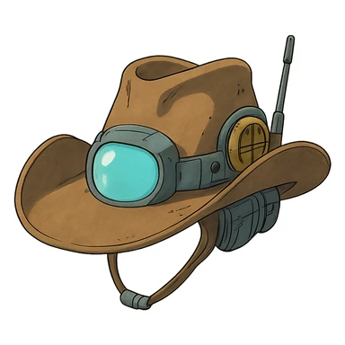 a tricked out futuristic cowboy hat, viewed 2/3 to the front sticker