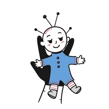 A hand-drawn voodoo doll with Carolina blue fabric and red thread stitches, looking slightly creepy with pins sticker