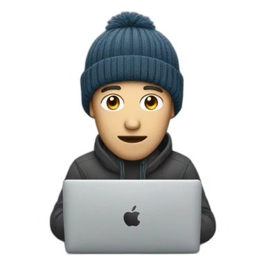 a man with a long jaw, no beard, and beanie hat doing coding on a Mac sticker
