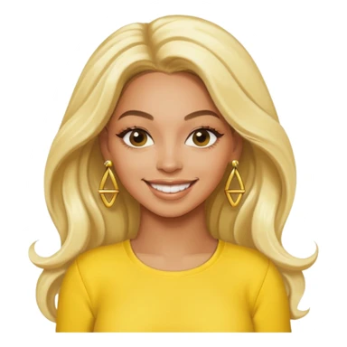 Beyonce with long platinum blonde hair, yellow outfit and earring sticker